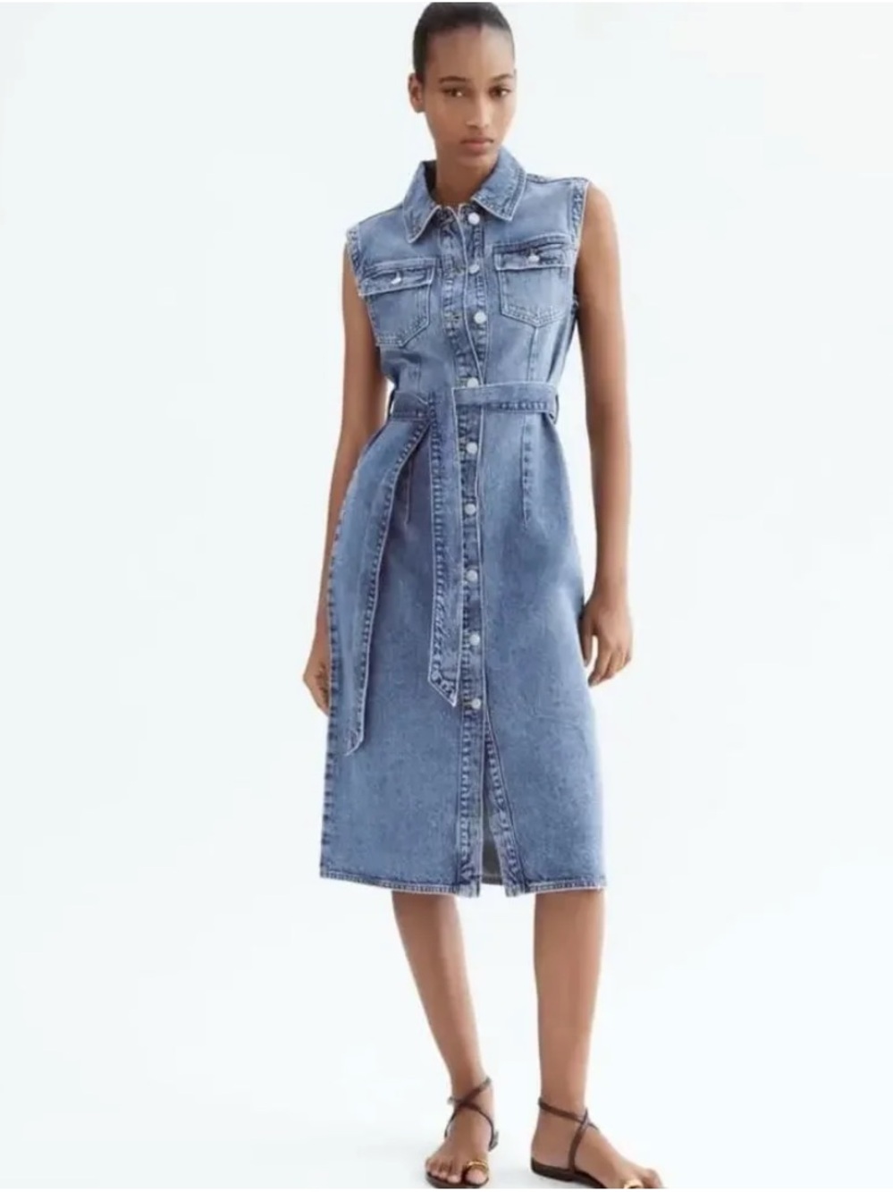 Zara Belted Denim Midi Dress Button Front Sleeveless Blue Size XS Western